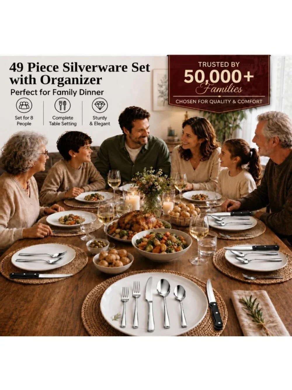 49-Piece Stainless Steel Silverware Set for 8 with Organizer, Dishwasher Safe